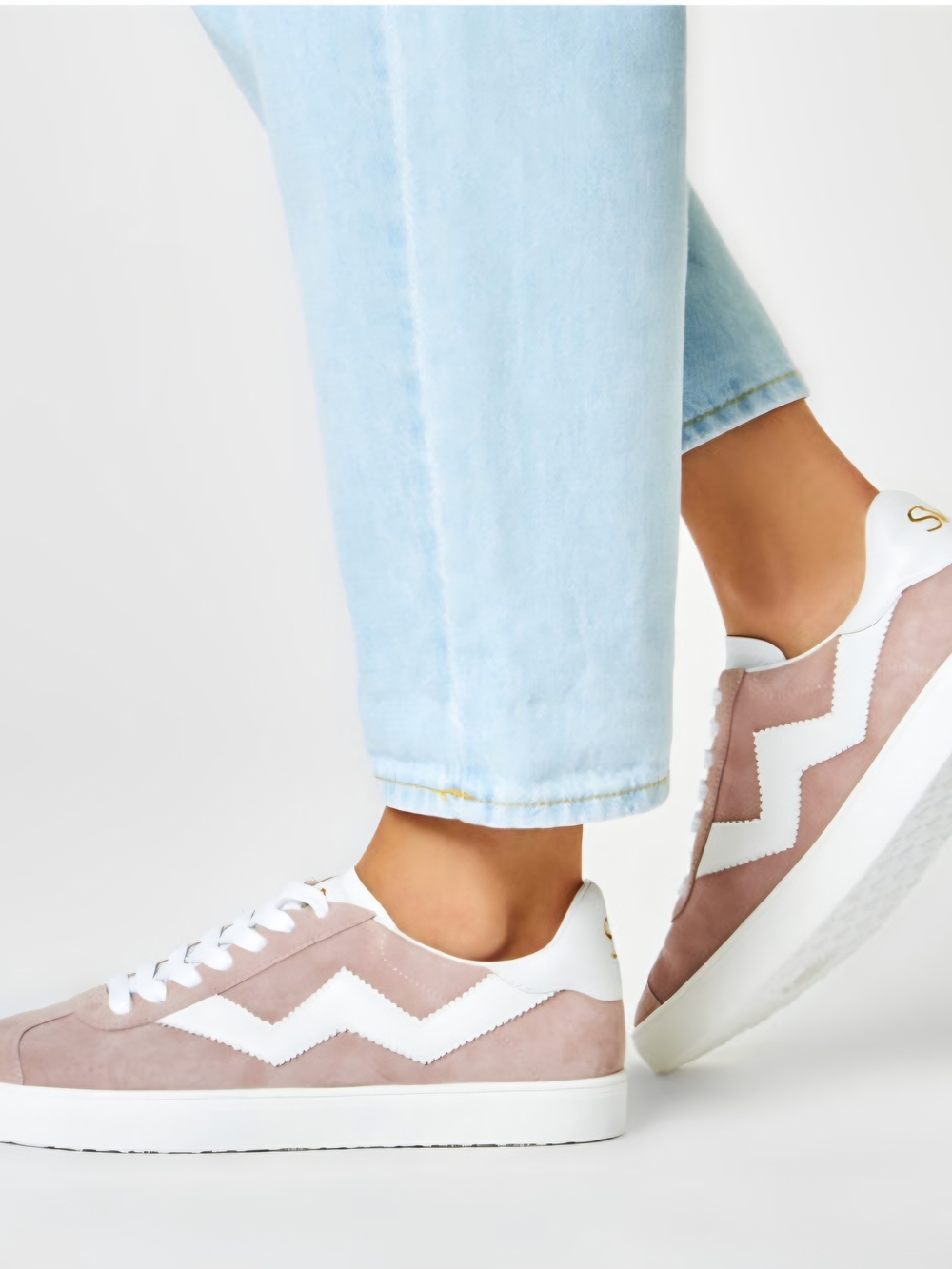 Stuart Weitzman Blush Pink and White Zigzag Suede Sneakers